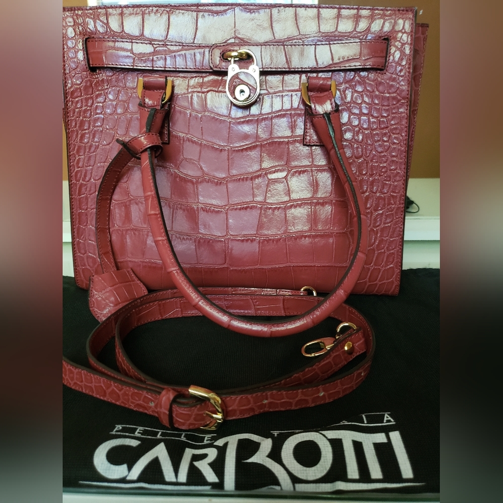 Carbotti Italian Pelle Tteria Red Crocodile Embossed Leather Handbag
